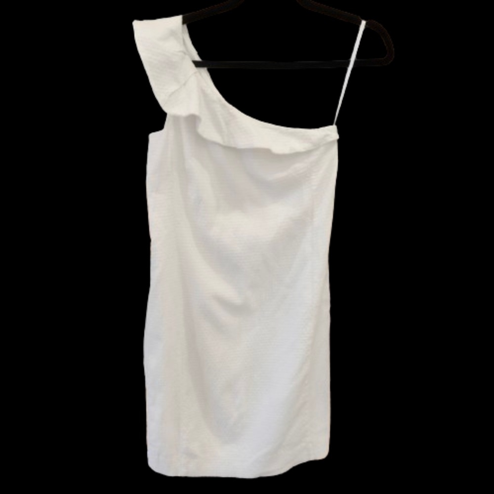 ANN TAYLOR~WHITE COTTON SLEEVELESS RUFFLED WHITE ONE SHOULDER COCKTAIL DRESS